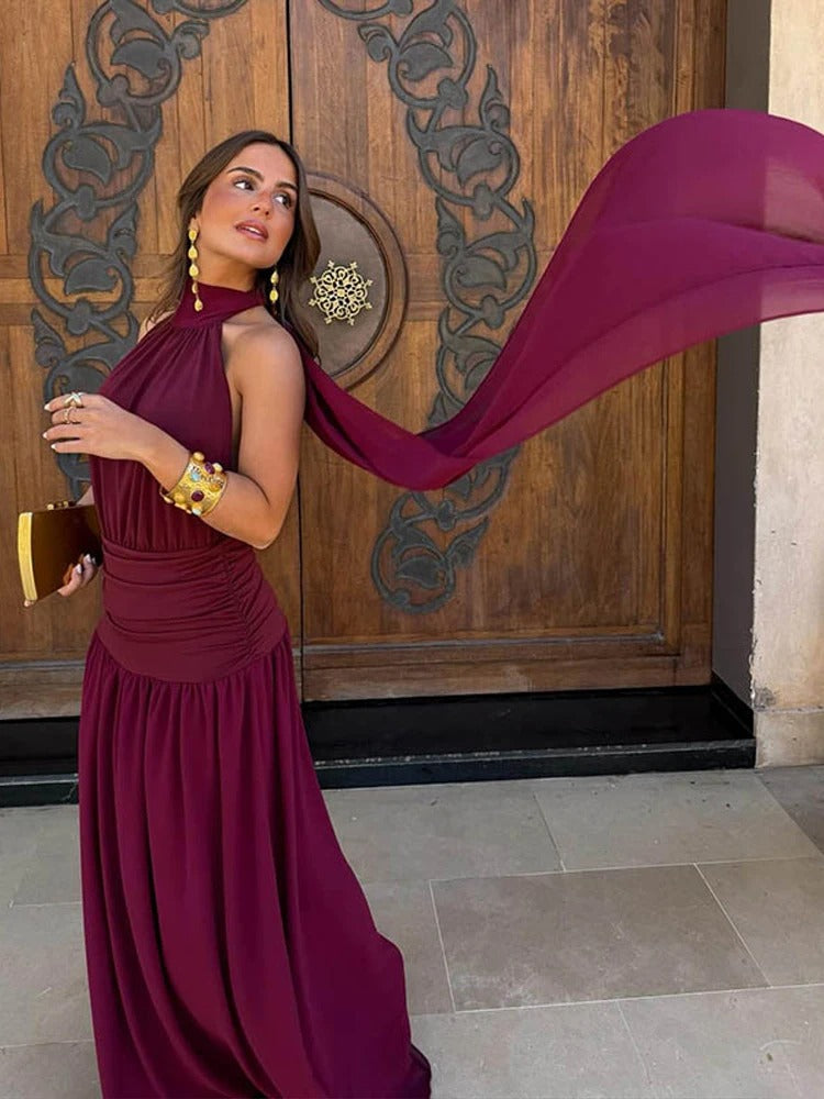 Brunella Vestido Maxi Halter con Cintura Fruncida