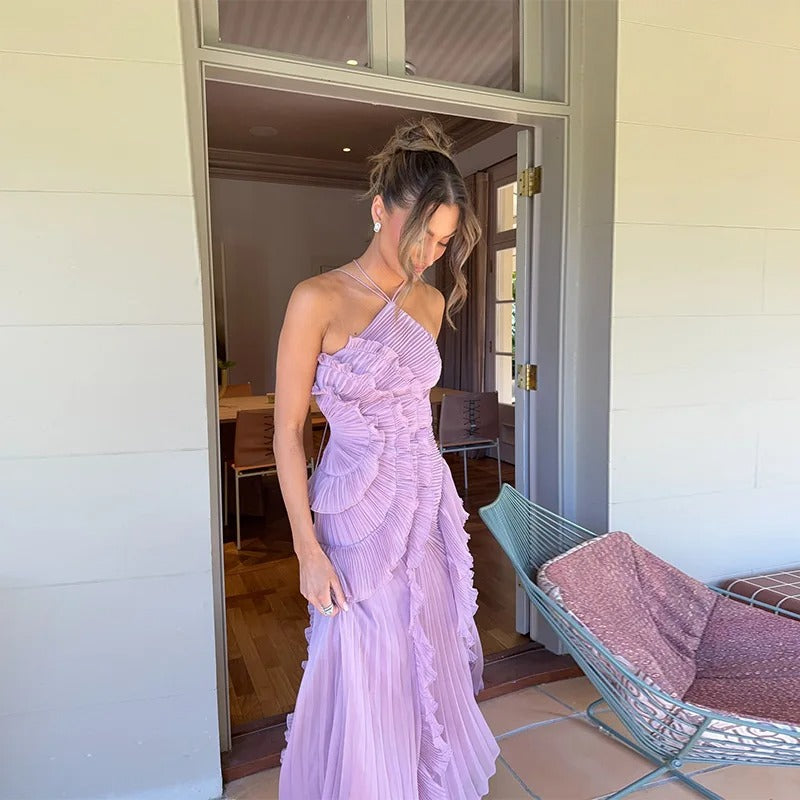 Celeste Vestido Maxi Plisado con Volantes