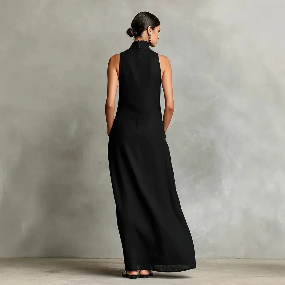 Celsa Vestido Largo Holgado sin Mangas con Cuello Alto