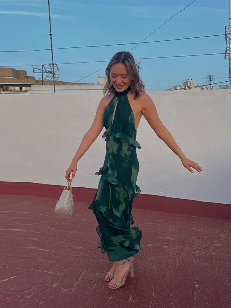 Cleofe Vestido Maxi Halter con Volantes