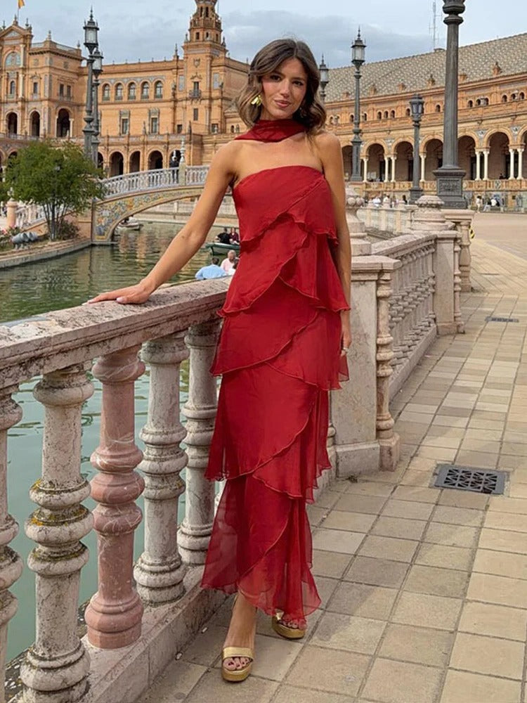 Amira Vestido Maxi de Volantes en Rojo
