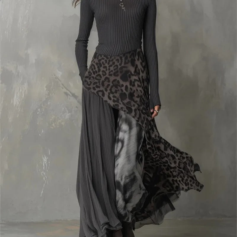 Natalia Vestido Largo Asimétrico Con Estampado Leopardo