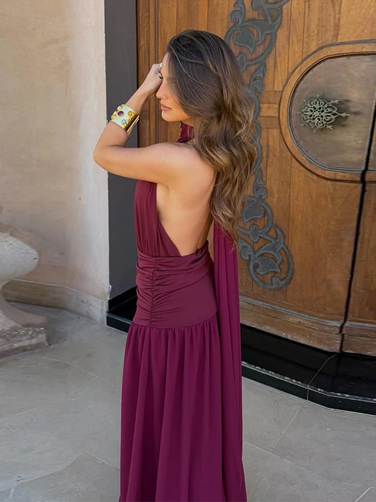 Brunella Vestido Maxi Halter con Cintura Fruncida