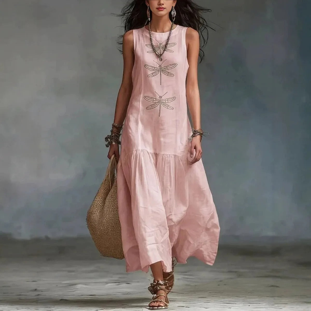 Barbara Vestido Midi Bohemio con Estampado de Libélulas
