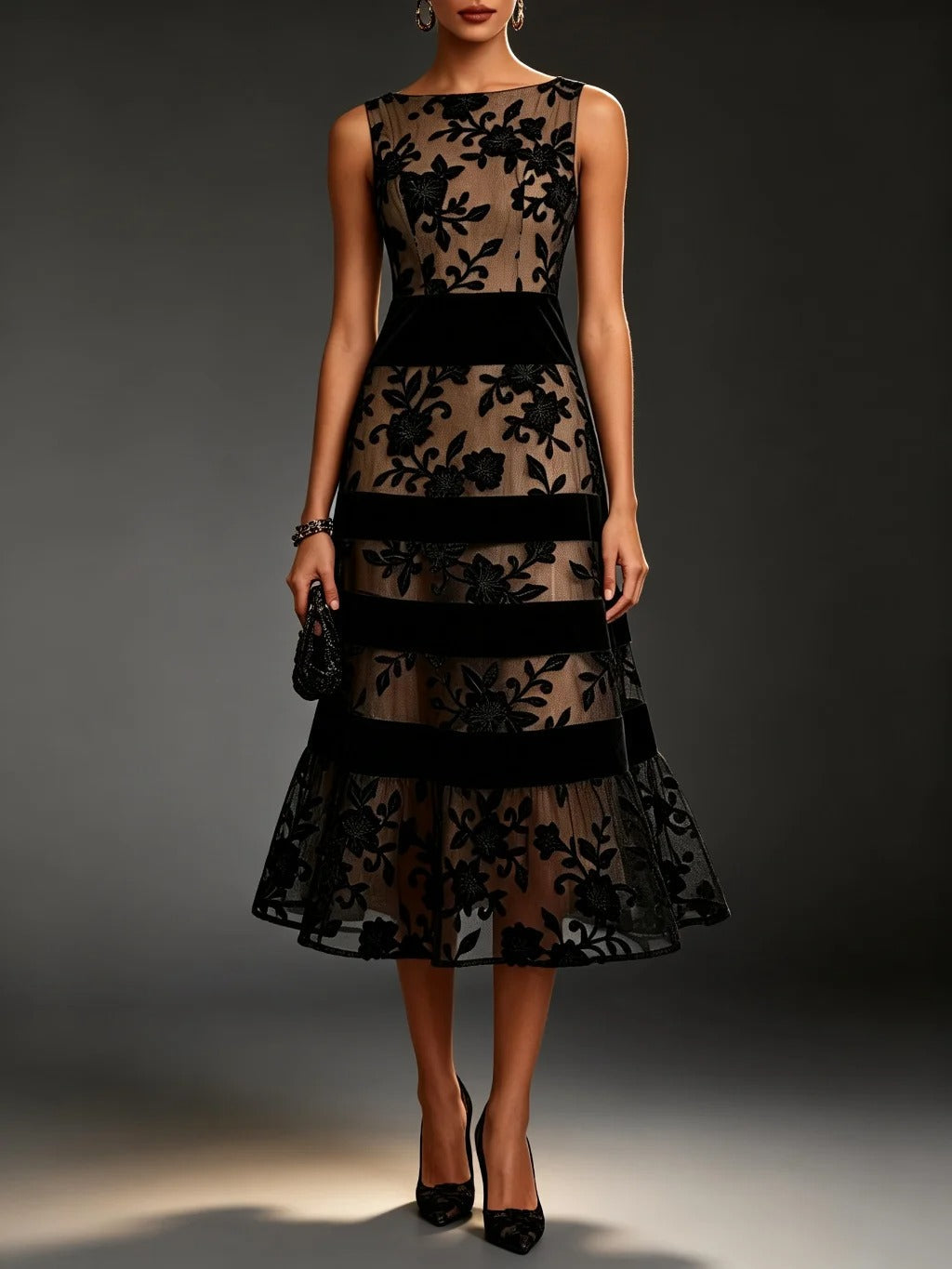 Odette Vestido Midi de Tul Bordado Floral