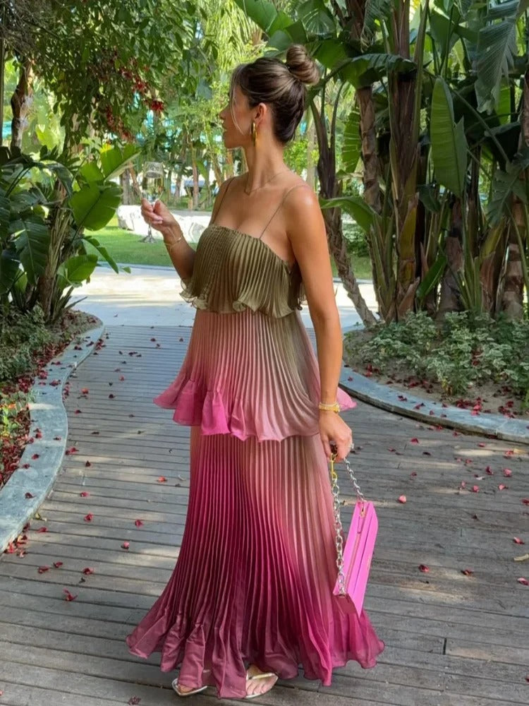 Liora Vestido Maxi Plisado Multicolor con Volantes