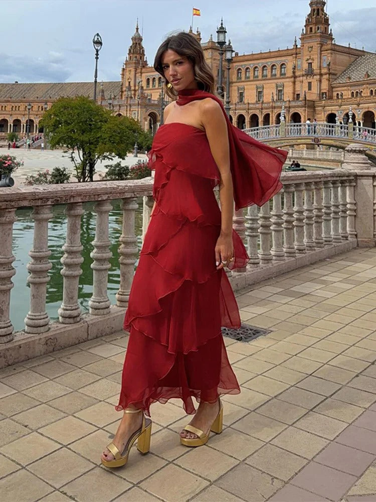 Amira Vestido Maxi de Volantes en Rojo
