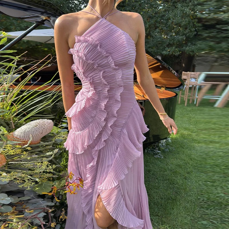 Celeste Vestido Maxi Plisado con Volantes