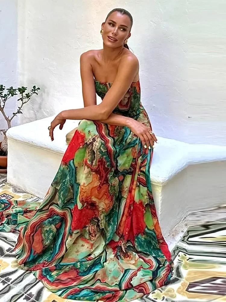 Isadora Vestido Maxi Palabra de Honor con Estampado Artístico