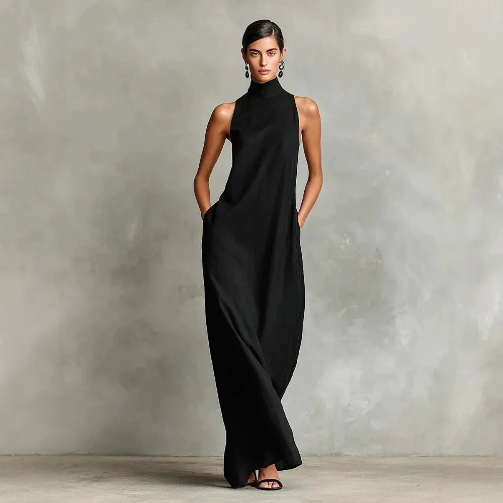 Celsa Vestido Largo Holgado sin Mangas con Cuello Alto