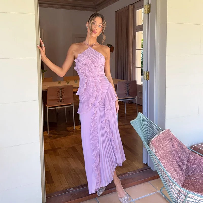 Celeste Vestido Maxi Plisado con Volantes