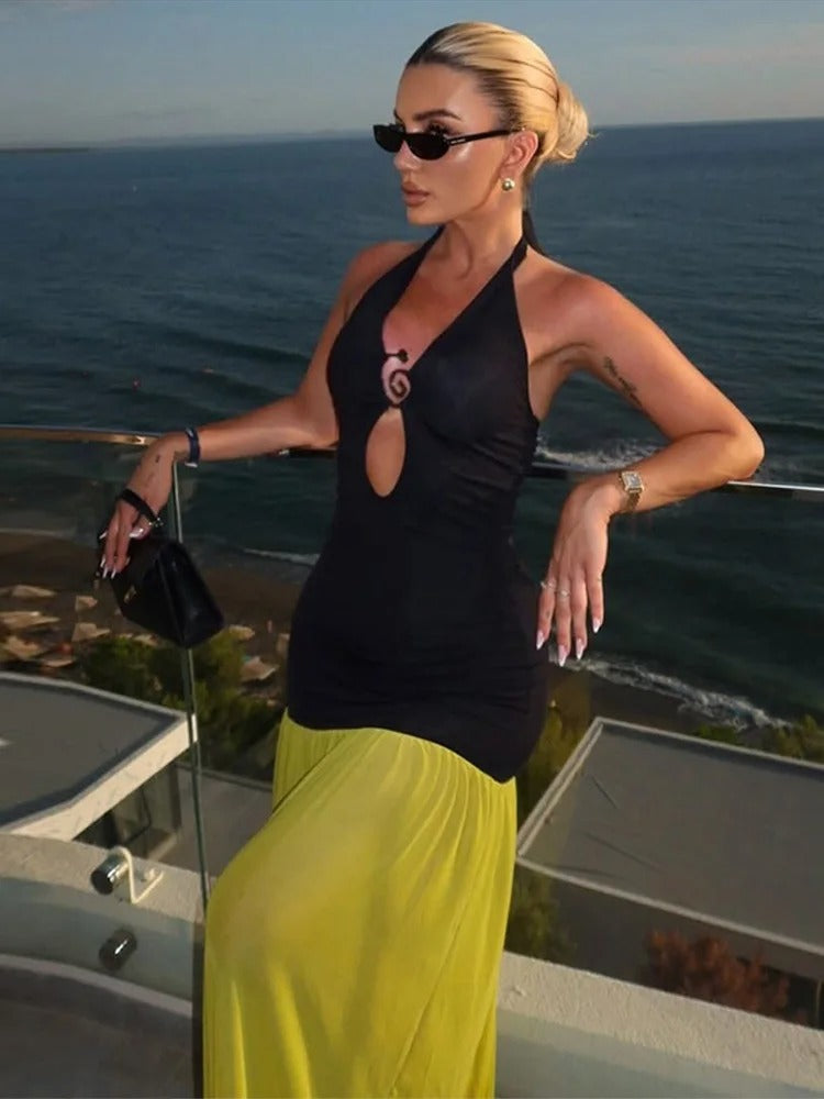 Nerea Vestido Maxi Halter con Detalles en Contraste