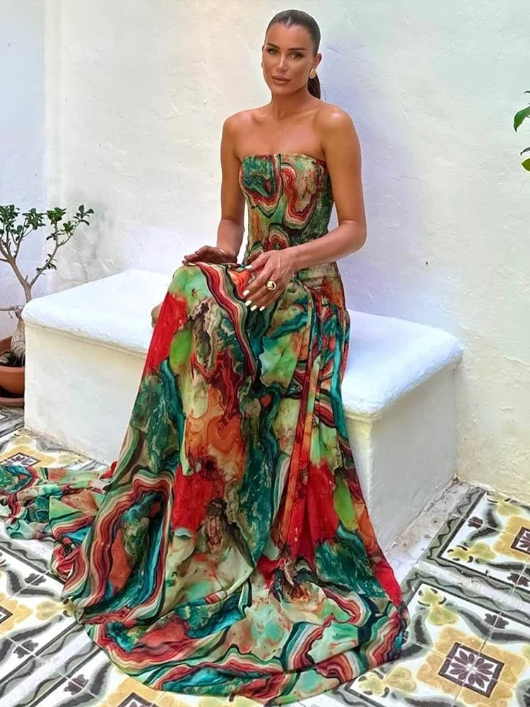 Isadora Vestido Maxi Palabra de Honor con Estampado Artístico