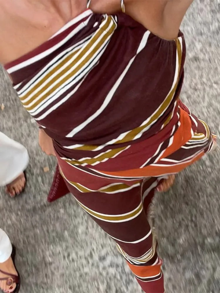 Alcira Vestido Maxi Asimétrico con Estampado de Rayas