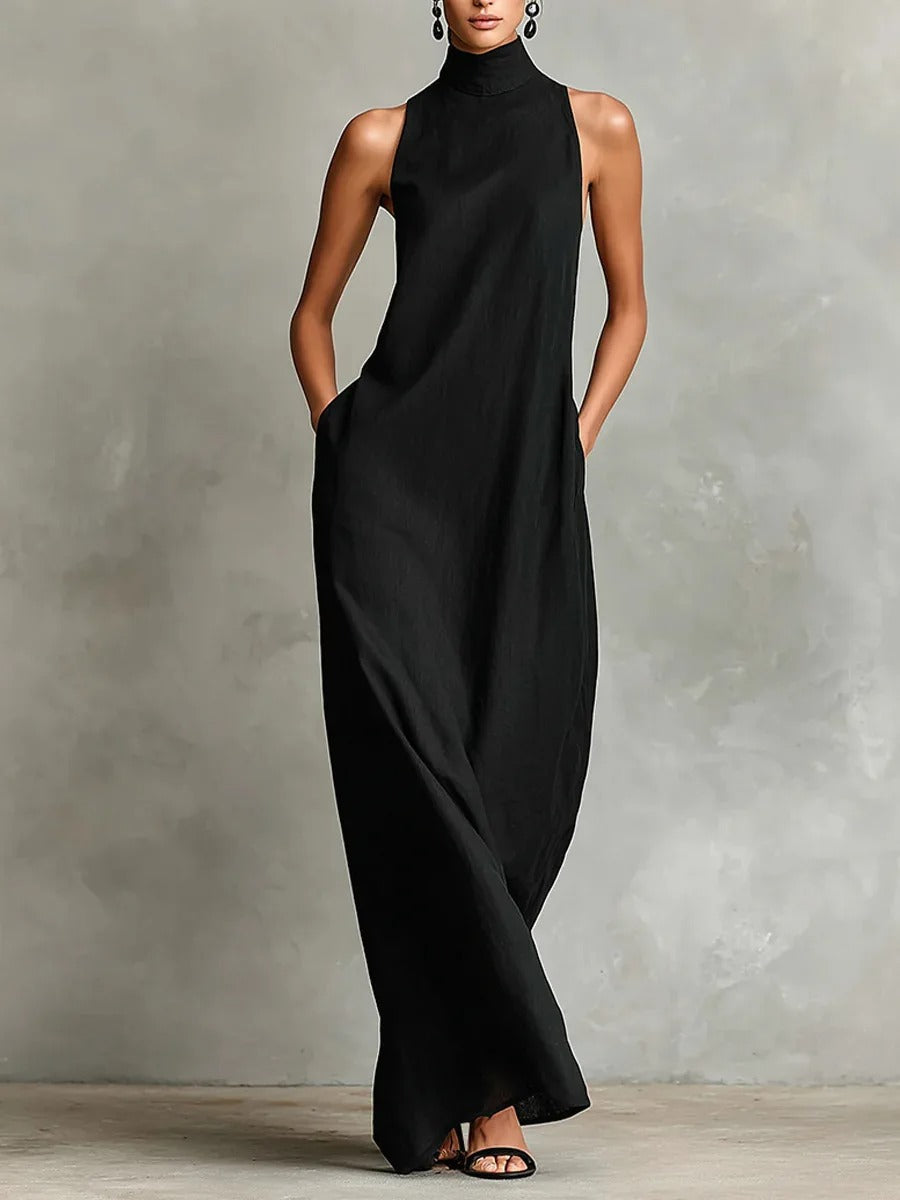Celsa Vestido Largo Holgado sin Mangas con Cuello Alto