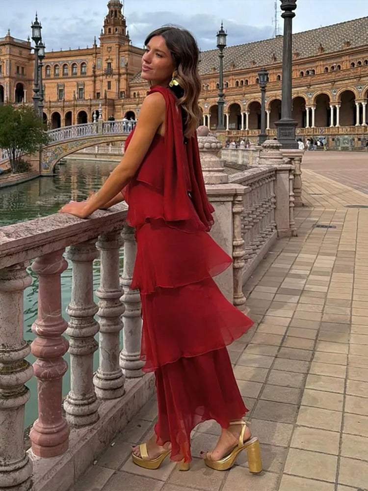 Amira Vestido Maxi de Volantes en Rojo