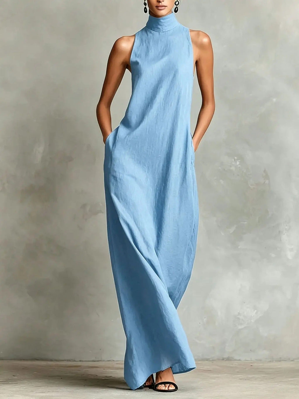 Celsa Vestido Largo Holgado sin Mangas con Cuello Alto