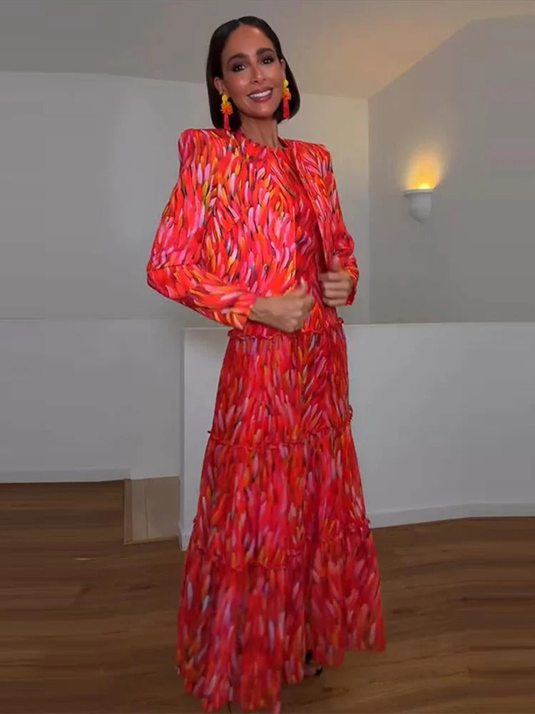 Mariela Conjunto de Vestido Maxi Estampado y Chaqueta