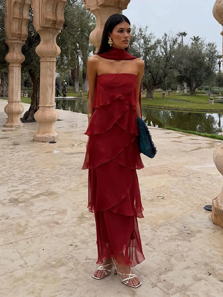 Amira Vestido Maxi de Volantes en Rojo