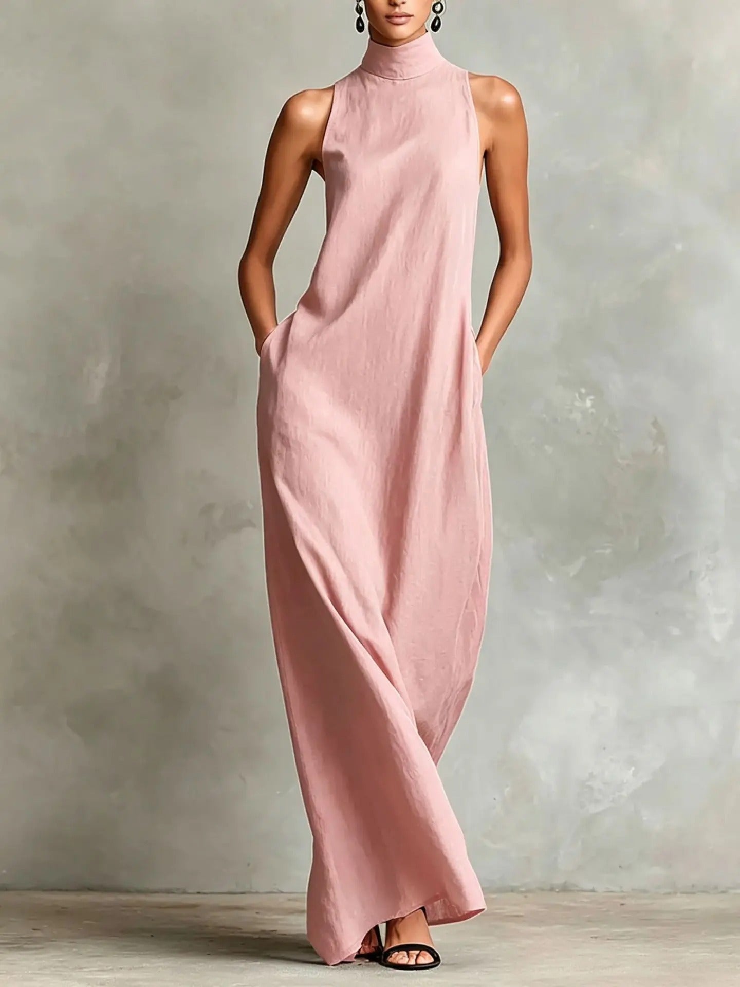 Celsa Vestido Largo Holgado sin Mangas con Cuello Alto