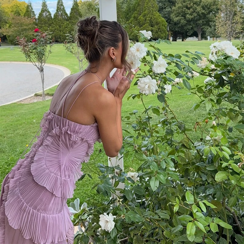 Celeste Vestido Maxi Plisado con Volantes