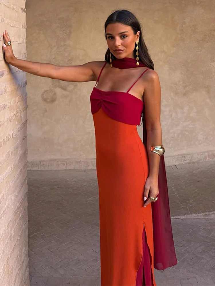Antonella Vestido Maxi Bicolor con Tirantes y Detalle de Lazo