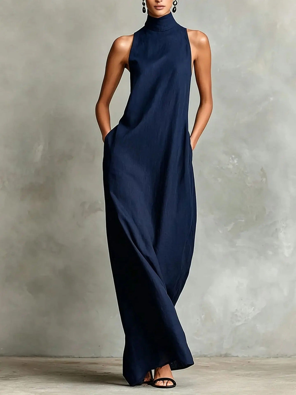 Celsa Vestido Largo Holgado sin Mangas con Cuello Alto