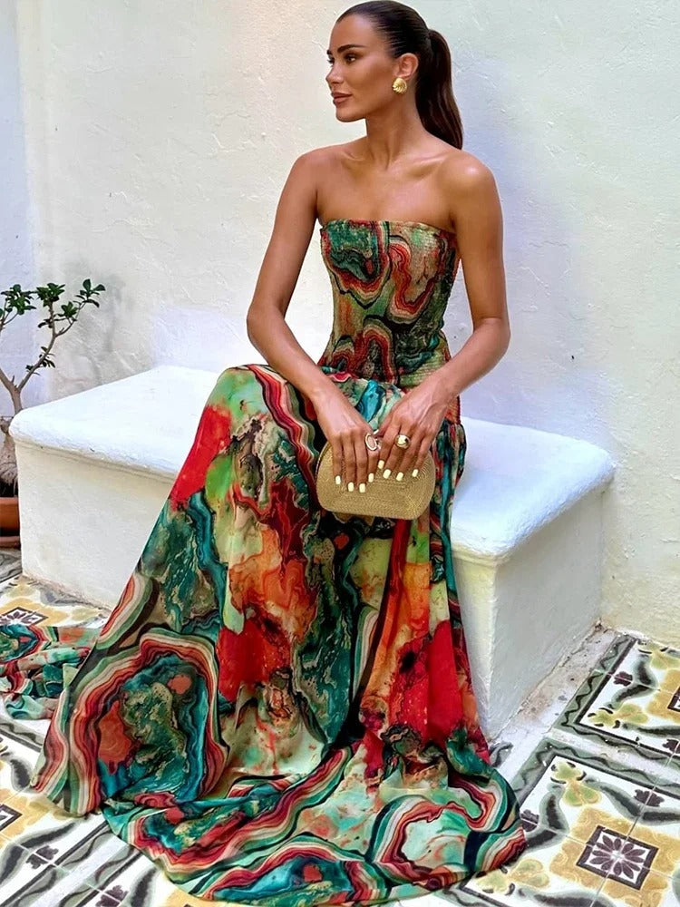 Isadora Vestido Maxi Palabra de Honor con Estampado Artístico