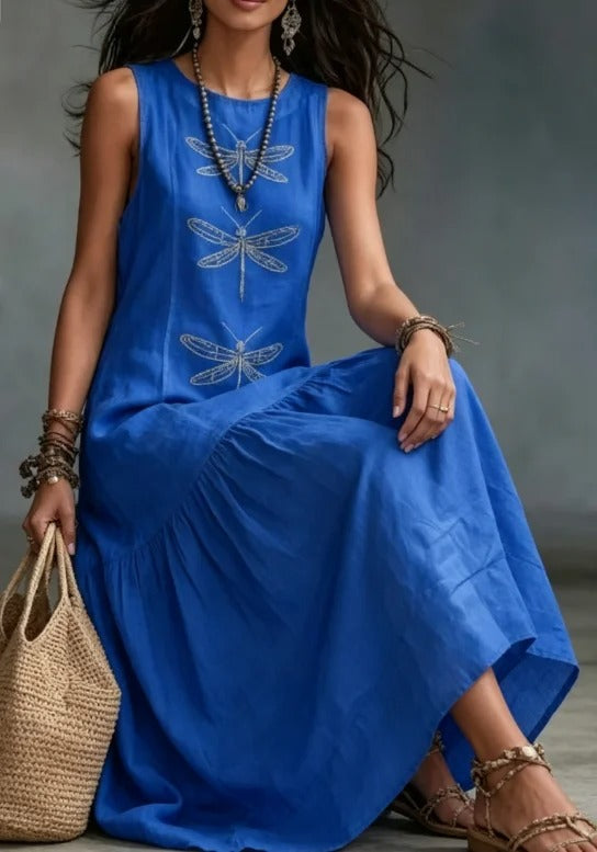 Barbara Vestido Midi Bohemio con Estampado de Libélulas