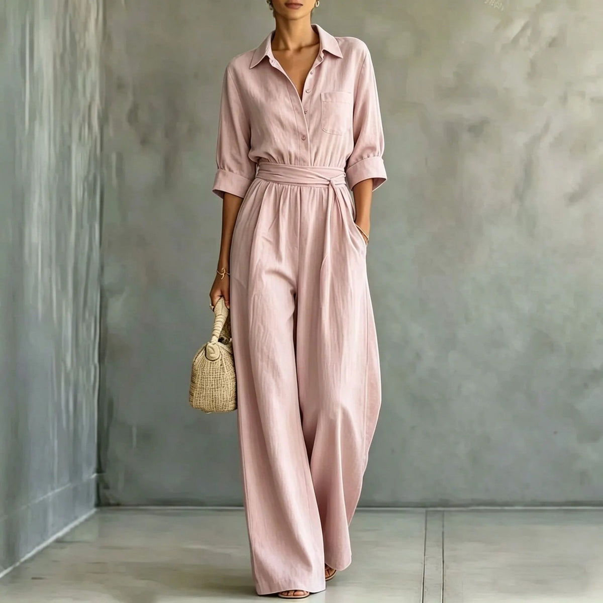 Brigida Mono Elegante con Cintura Ajustable y Pantalón Ancho