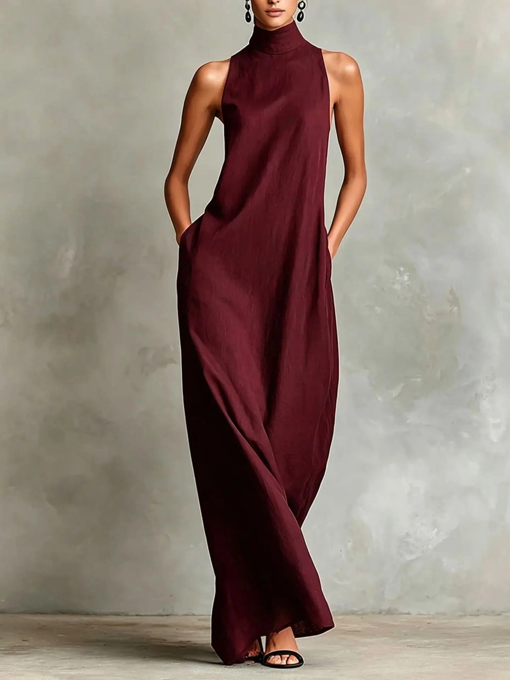 Celsa Vestido Largo Holgado sin Mangas con Cuello Alto