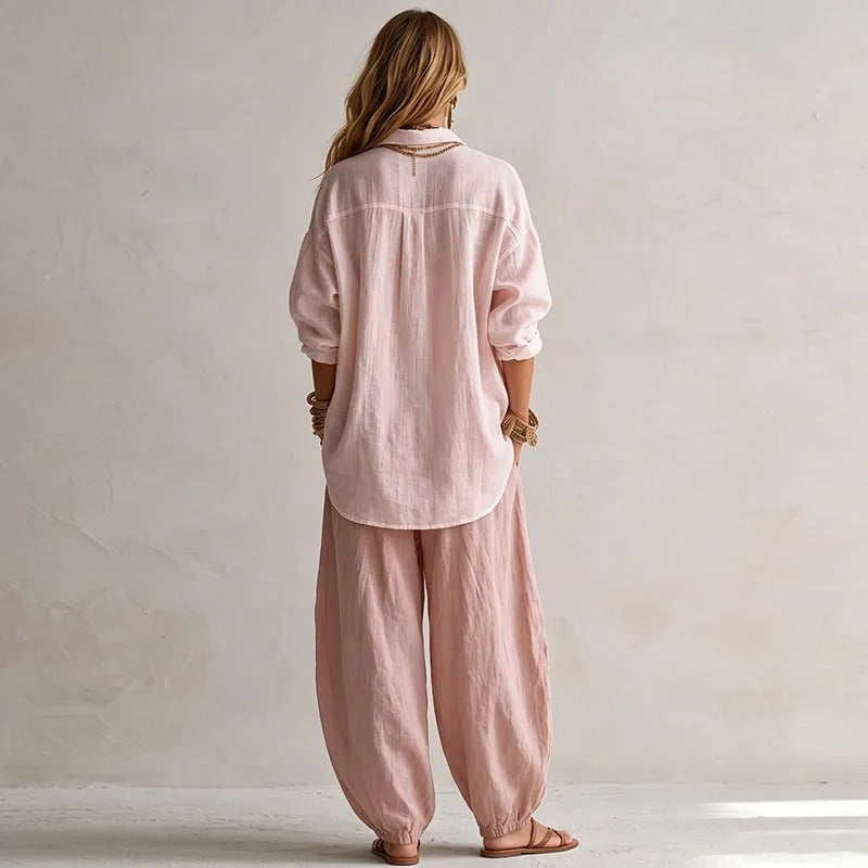 Clemencia Conjunto Fluido de Camisa y Pantalón Ancho