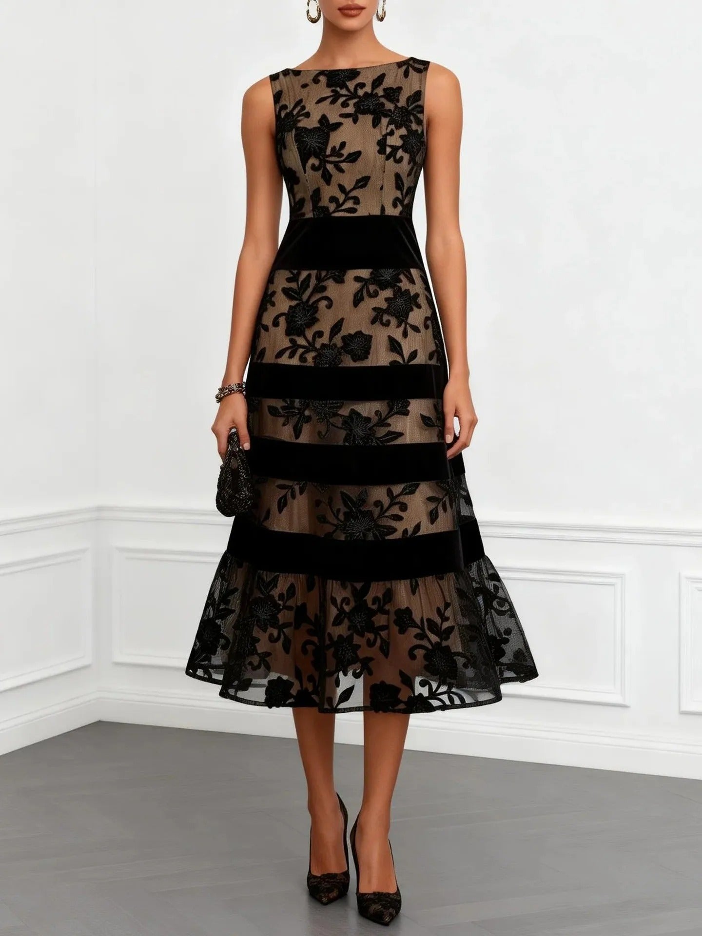 Odette Vestido Midi de Tul Bordado Floral
