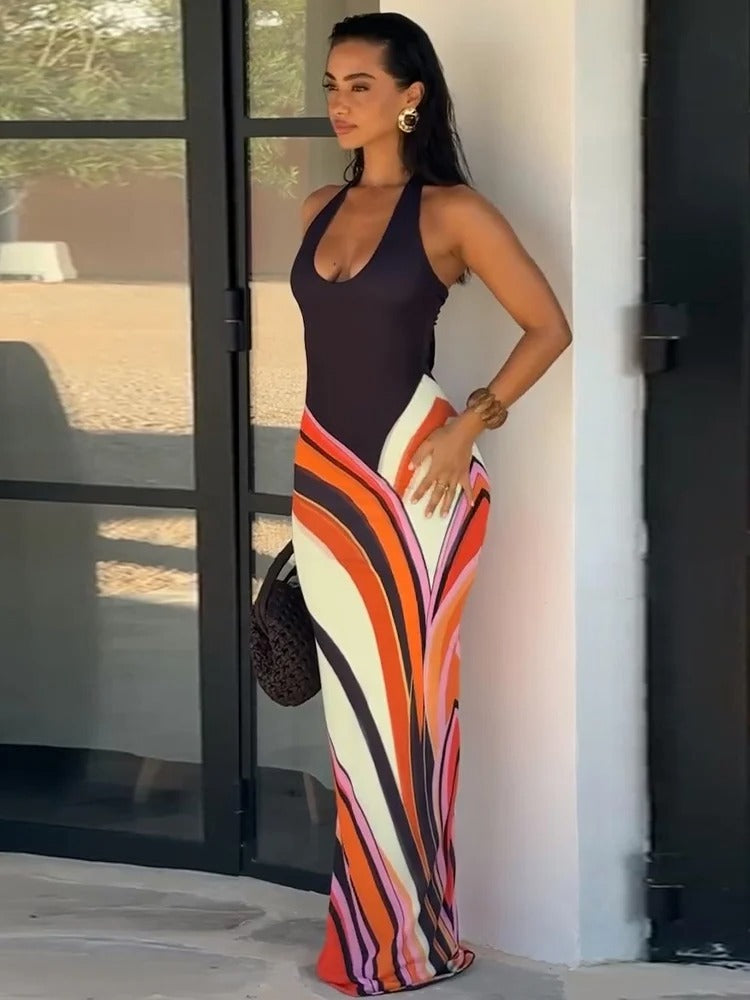 Samira Vestido Maxi Halter con Estampado Geométrico