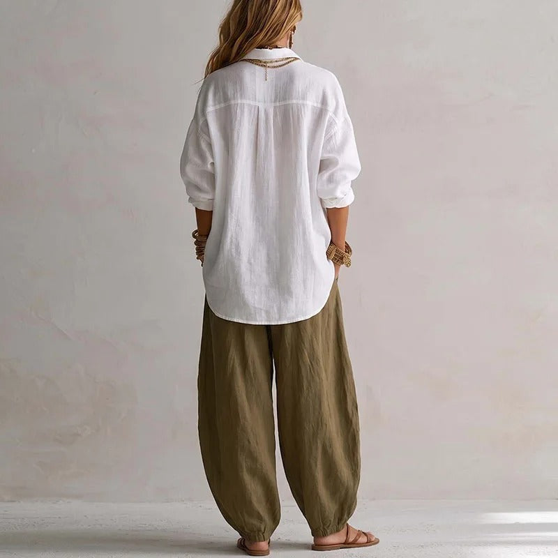 Clemencia Conjunto Fluido de Camisa y Pantalón Ancho