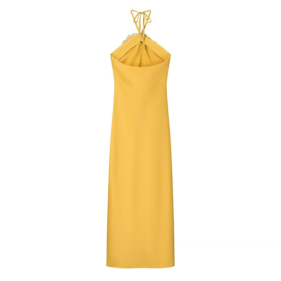 Solenne Vestido Maxi Satinado con Flor Halter