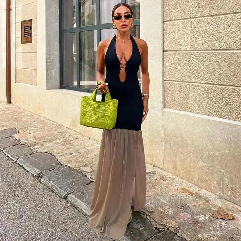 Nerea Vestido Maxi Halter con Detalles en Contraste