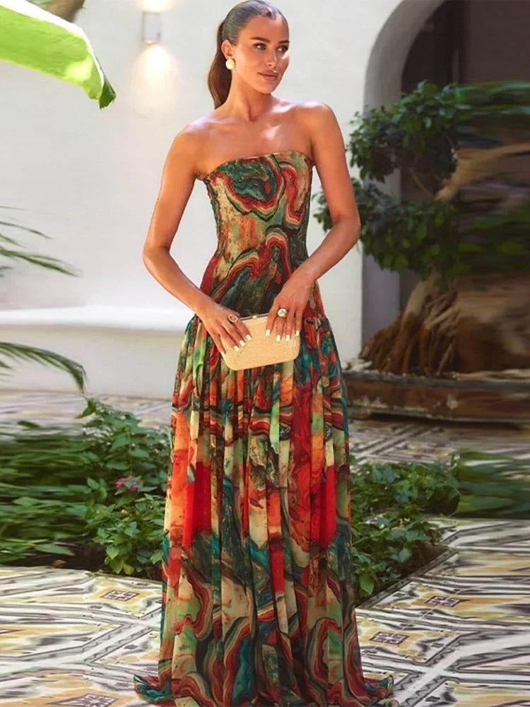 Isadora Vestido Maxi Palabra de Honor con Estampado Artístico