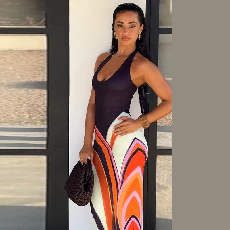 Samira Vestido Maxi Halter con Estampado Geométrico