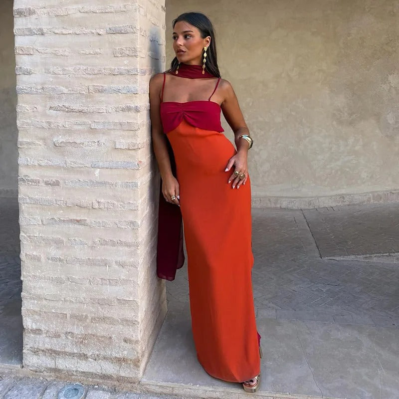 Antonella Vestido Maxi Bicolor con Tirantes y Detalle de Lazo