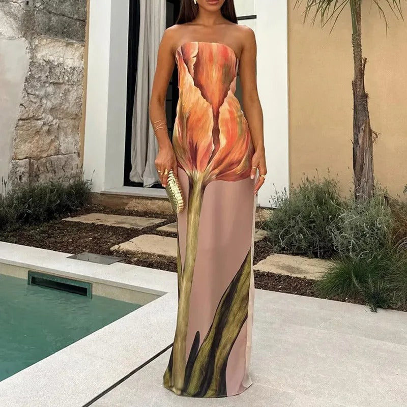 Alejandra Vestido Maxi Palabra de Honor con Estampado Artístico