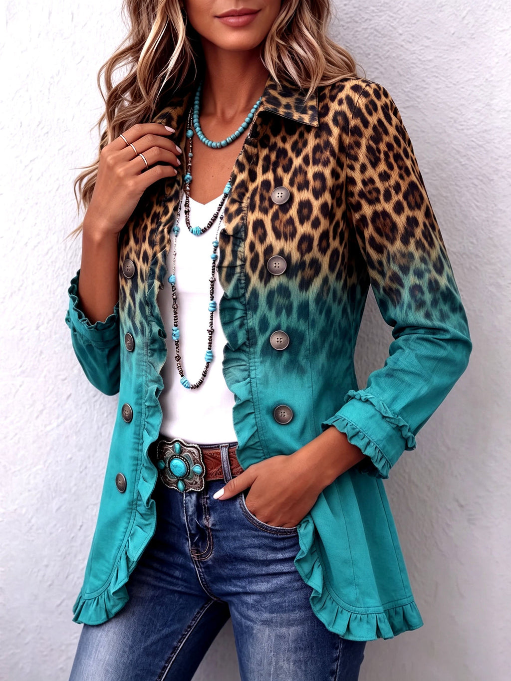 Mercedes Chaqueta Blazer Leopardo Degradado con Volantes