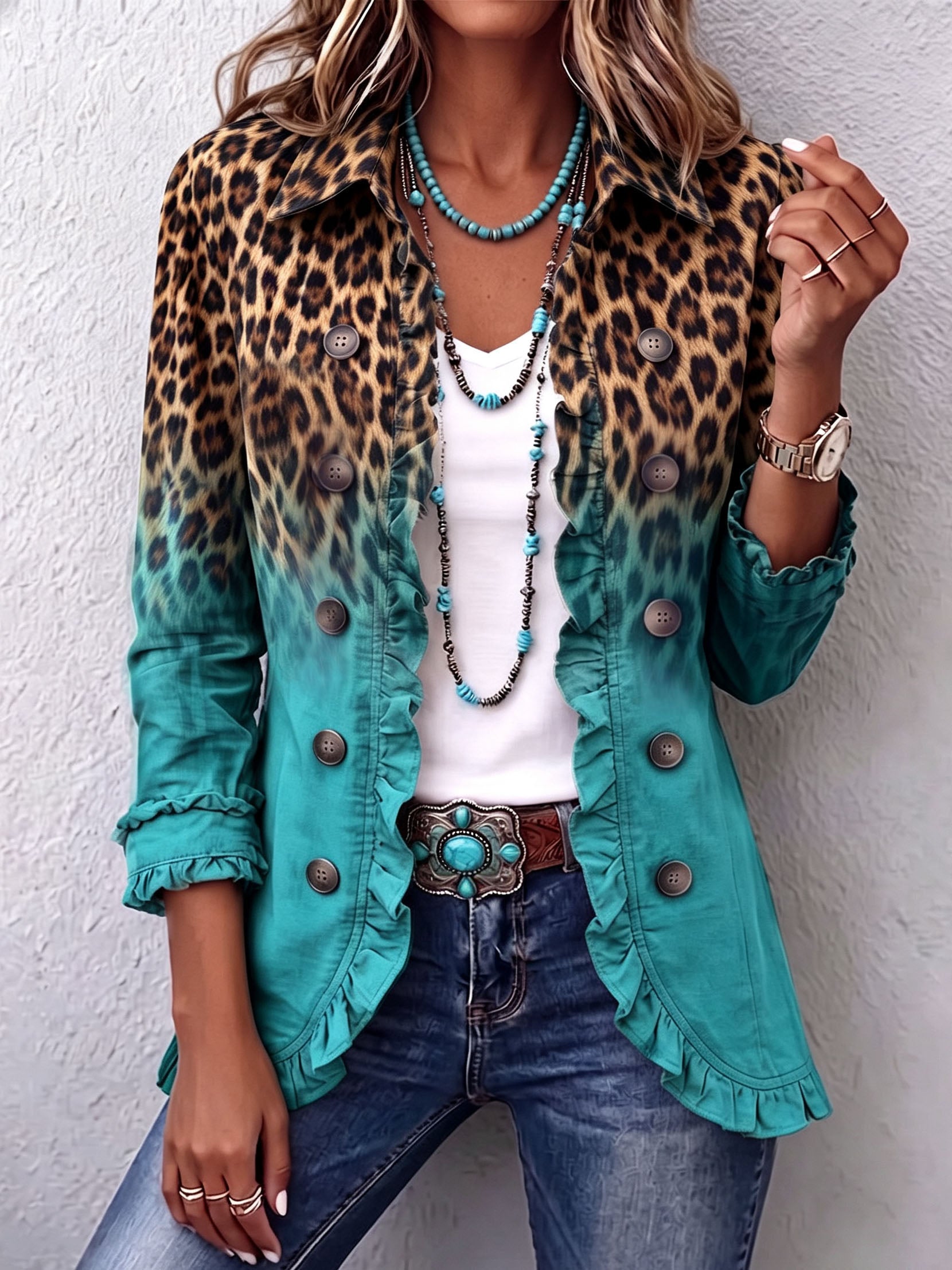 Mercedes Chaqueta Blazer Leopardo Degradado con Volantes