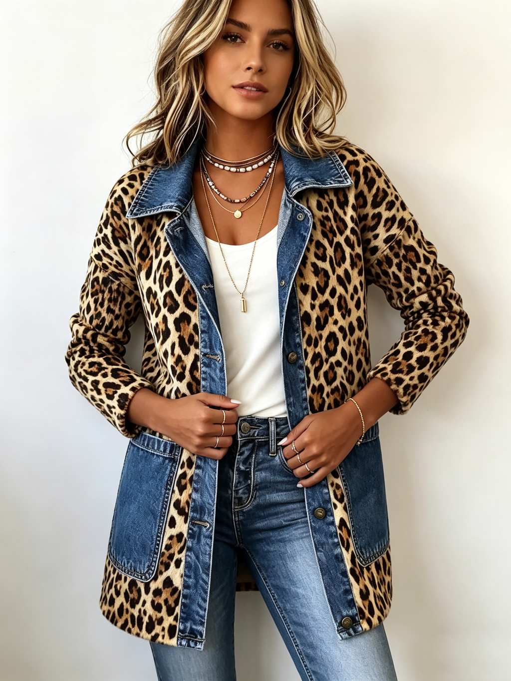 Lorena Chaqueta Larga de Leopardo con Vaquero