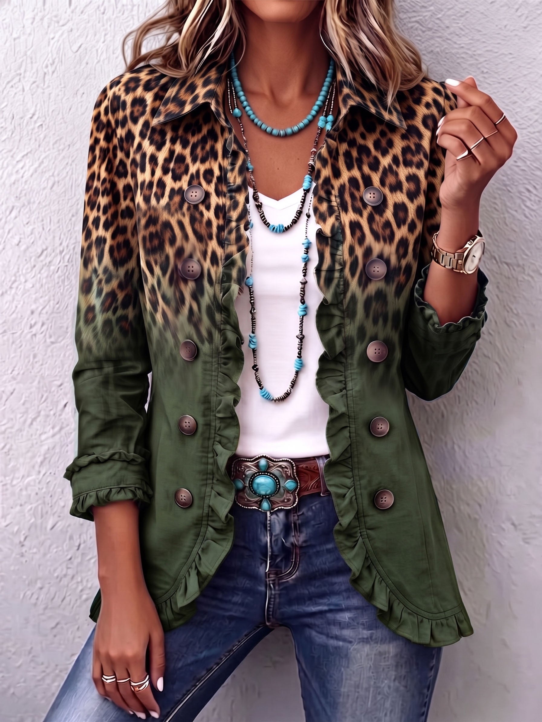 Ramona Chaqueta Blazer Leopardo Verde con Volantes