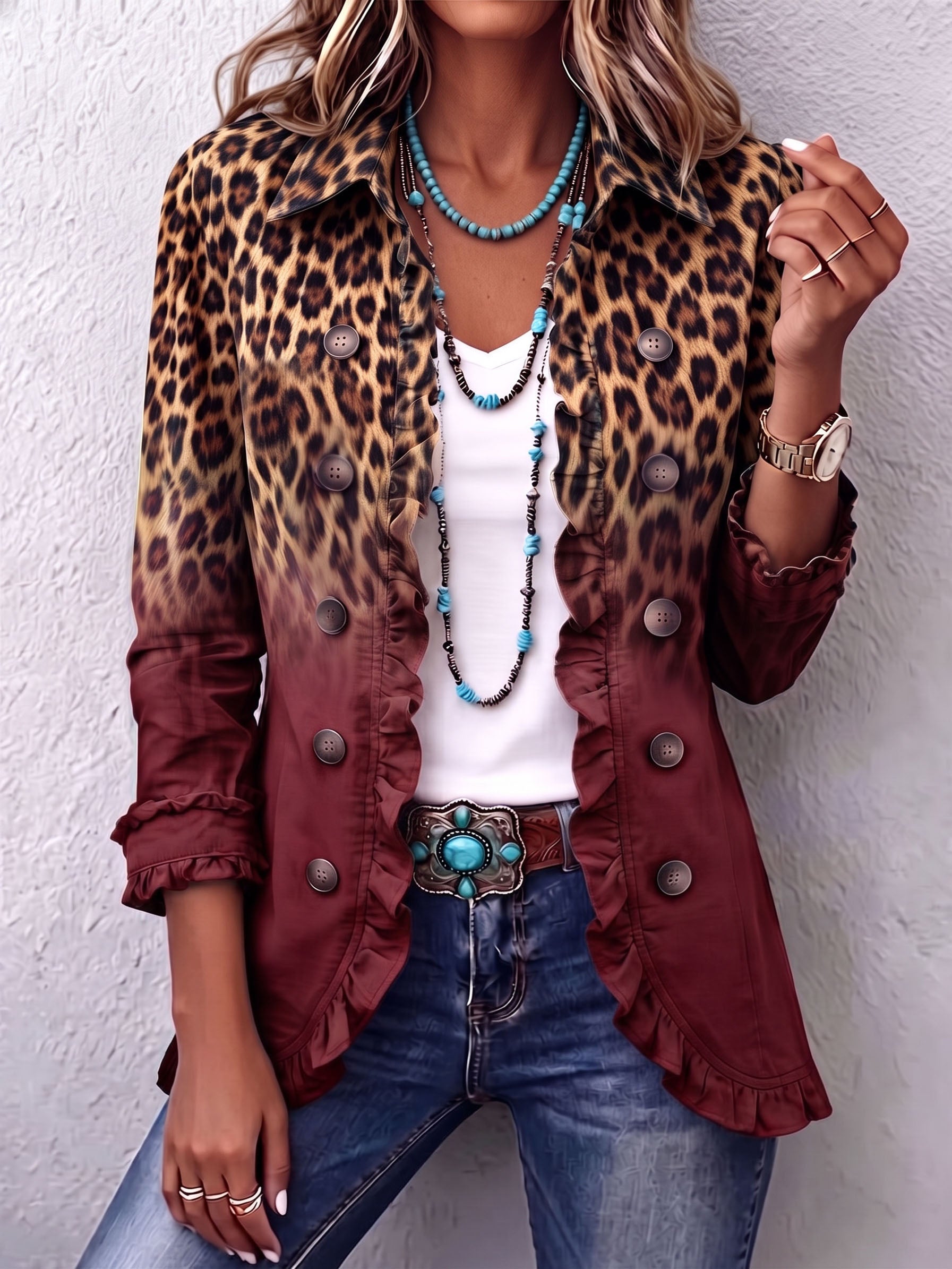 Tomasa Chaqueta Blazer Leopardo Vino con Volantes