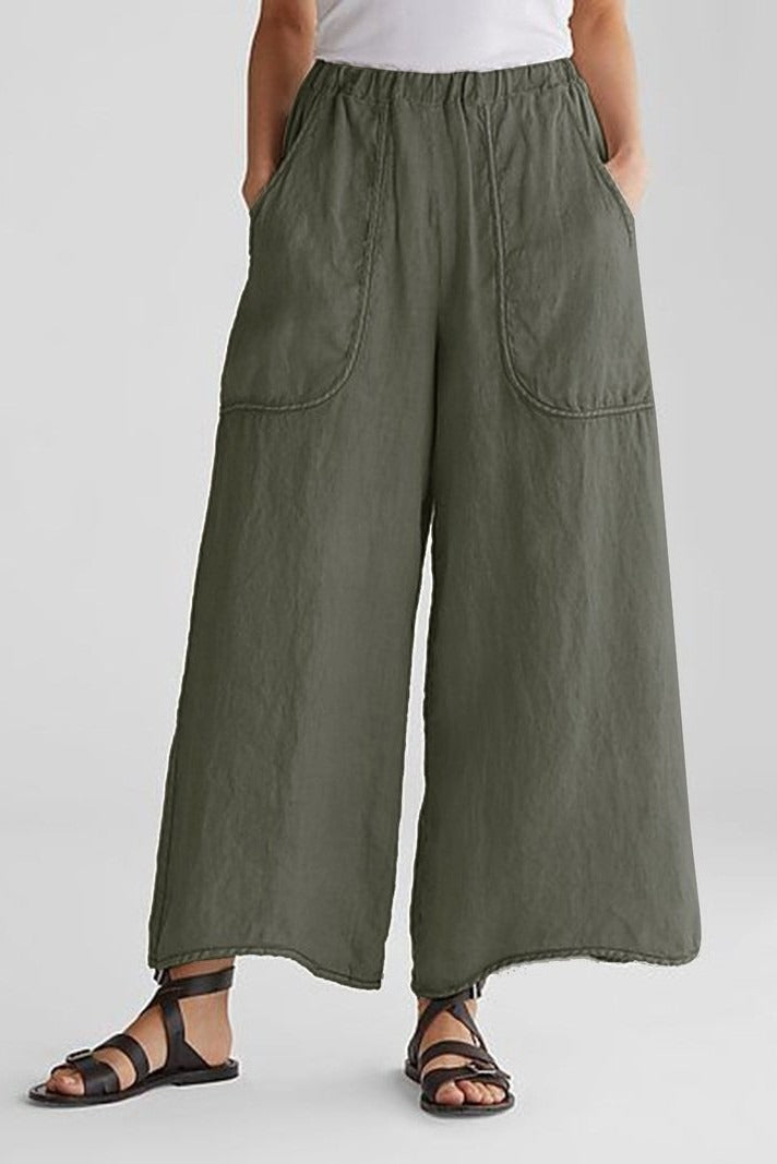 Pantalón casual de pernera ancha liso con bolsillos