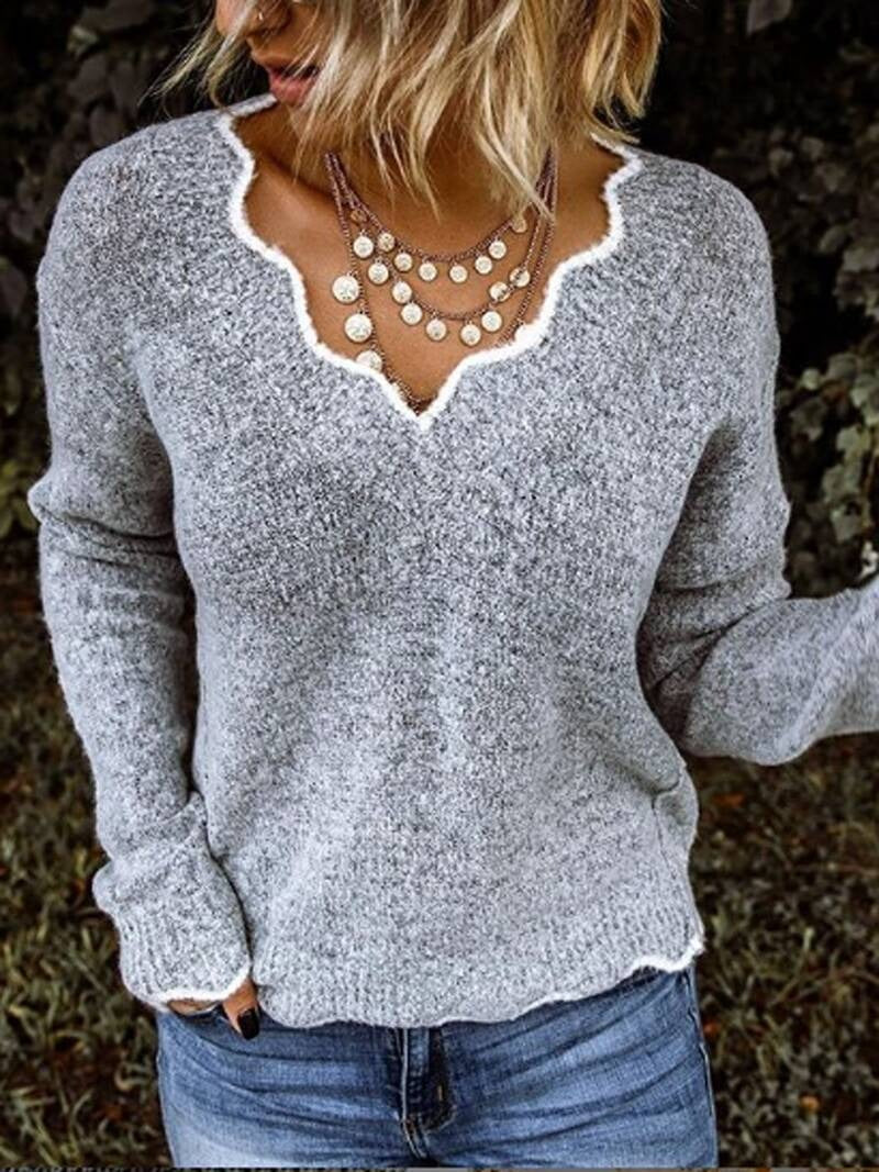 Jersey casual liso con escote en pico y manga larga