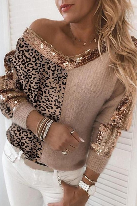 Jersey de leopardo con escote en pico y manga larga
