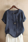 Blusa lisa con cuello redondo, manga corta y botones
